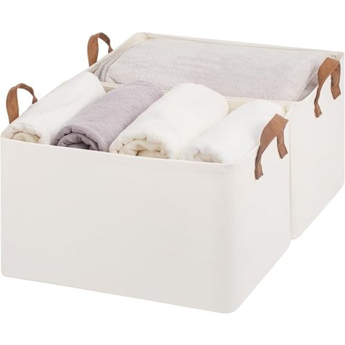 StorageWorks Storage Bins, Fabric Storage Bins for Shelves, Extra Large Storage Baskets with Metal Frame, Closet Baskets and Bins with Handles, Jumbo, Natural Color, 2-Pack