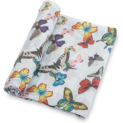 LollyBanks Baby Blanket for Girls, Large 47 x 47 Inches Soft Muslin Swaddle Blankets, 100% Cotton Breathable and Lightweight Baby Receiving Blankets, Registry (Butterfly Print)