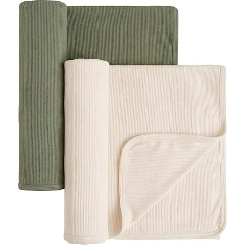 Konssy Knit Baby Blanket 2 Pack, Soft Ribbed Swaddle Receiving Blankets for Boys & Girls, Lightweight Cozy Swaddling Wrap for Newborns, Infants, & Toddlers, 33x42 Inch (Beige, Sage)