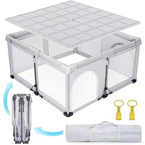 Foldable Baby Playpen with Mat, 50X50 in Portable Travel playpen for Babies and Toddlers, Indoor&Outdoor Kids Safety Play Pen, Quick Installation&Quick Folding Baby playpen with 2 Handlers