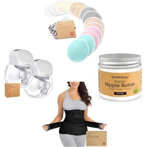 KeaBabies 14-Pack Nursing Pads with Nipple Butter Cream, Wireless Breast Pump, and 3 in 1 Postpartum Belly Band - All in 1 Breastfeeding and Postpartum Essentials for New Moms