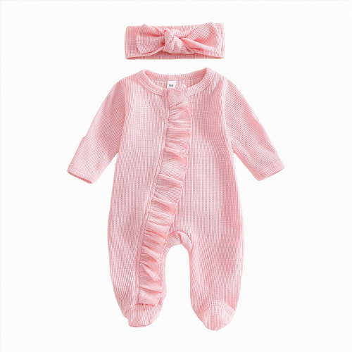 Gvdentm Newborn Infant Girl Footies Romper 3 Months Solid Color Frills Baby Jumpsuit Zip Up Onesie Clothes Headband(Pink,3-6 Months)