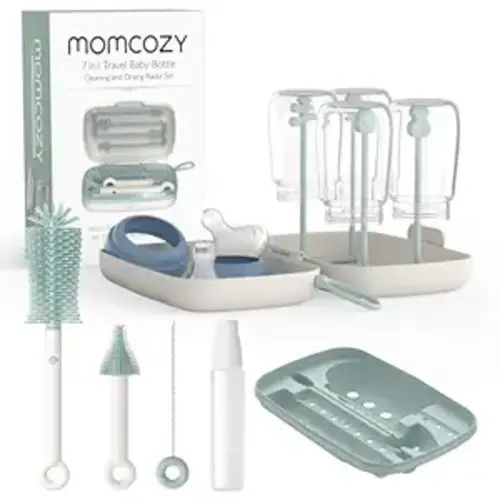 Momcozy Bottle Brush Set - Baby Bottle Cleaner Kit with Silicone Brush, Nipple Brush, Straw Brush, Soap Dispenser, Drying Rack - 7 in 1 Bottle Cleaning Tool for Home and Travel, Green