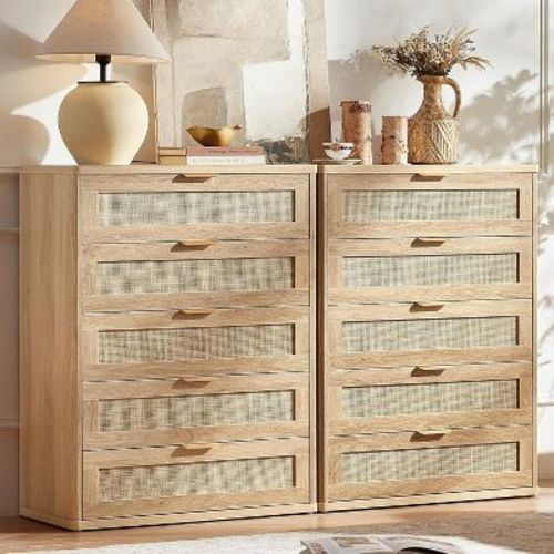 BALHAM TRADE-Rattan Dresser Set of 2 for Bedroom 41" Tall 5 Drawers Closet Organizer Natural Wood-2-5 Drawers 15.5"D x 31.5"W x 41"H