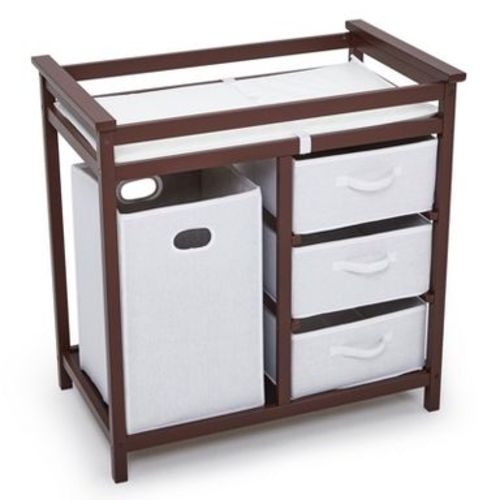 Wooden Baby Changing Table ¨C Brown, with 3 Drawers, Laundry Hamper & Changing Pad for Nursery