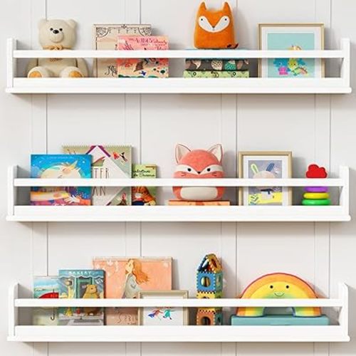 White Toddler Wall Bookshelf for Kids Room, 36 Inch Long Floating Nursery Book Shelves for Wall, Wide Hanging Bookshelves for Baby Girl Boy Childrens Kid Bedoom Playroom -Set of 3
