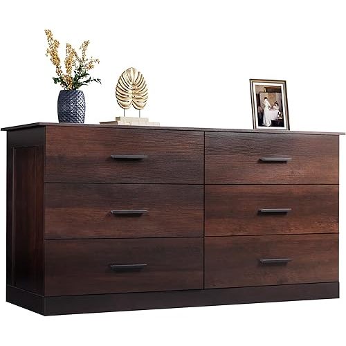 WLIVE Wooden Dresser for Bedroom, Wide Chest of Drawers with 6 Drawers, Large Brown Storage Tower Unit, Modern Minimalist Closet Store Organizer for Living Room, Hallway