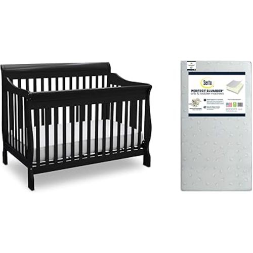 Delta Children Canton 4 in 1 Convertible Crib, Black + Serta Perfect Slumber Dual Sided Recycled Fiber Core Crib and Toddler Mattress (Bundle)