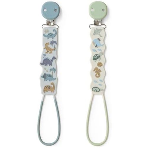 Moonkie Flat Silicone Pacifier Clips – One-Piece Strap Holders, Binky Clips for Baby Boys & Girls, Gift-Ready Baby Essentials - 2Pack (Dino & Deep Sea)