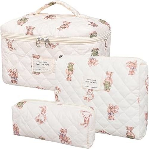 Makeup Bag,Quilted Cosmetic Bag,Large Floral Make Up Bag for Women,Cotton Makeup Bag Set,Flower Travel Toiletry Bag