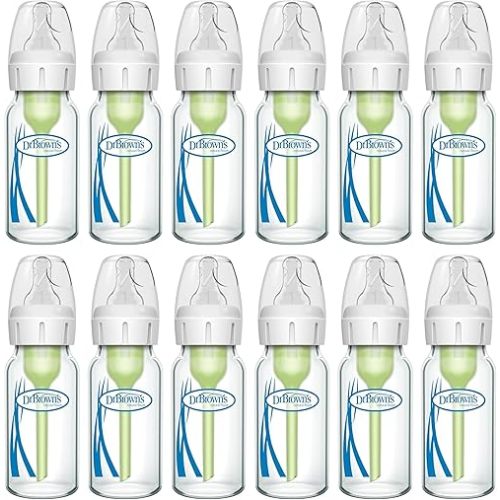 Dr. Brown's Anti-Colic Options+ Narrow Glass Baby Bottle with Level 1 Slow Flow Nipple, BPA-Free, 4 oz/120mL, 1 Count (Pack of 12)