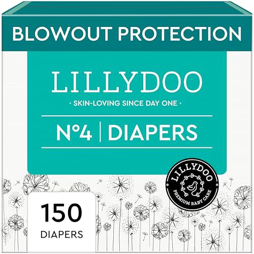 LILLYDOO Baby Diapers - Size 4 (20-31 lbs), Monthly Supply (150 Count), Leak Protection, Skin-Friendly, Ultrasoft, Perfume- & Chlorine-Free, Hypoallergenic, Dermatologist Tested, Oeko-TEX®