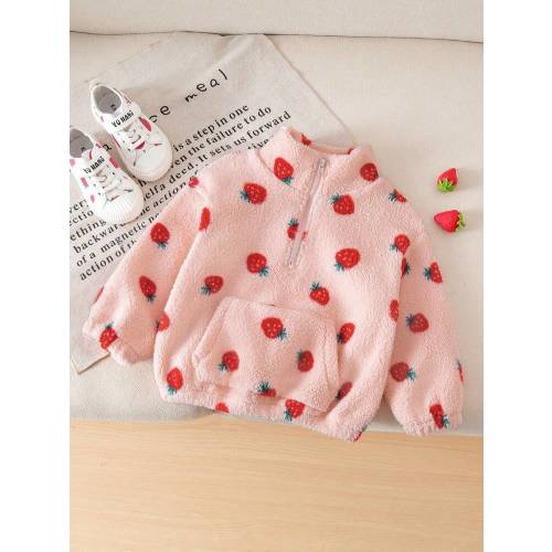 Baby GirlCute Casual Plush Collar Strawberry All-Over Print Thick Sweatshirt, Autumn/Winter | SHEIN USA