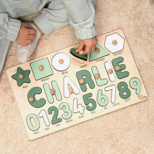 Educational Name Puzzle with Numbers and Shapes, Personalized Puzzle, Minty Color Puzzle / HANDMADE