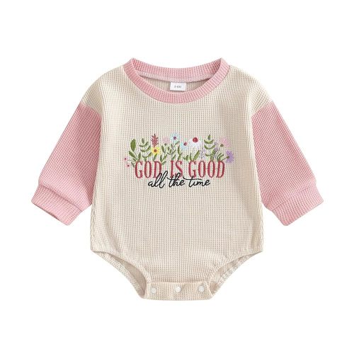 Baby Girl Christian Clothes God is Good Flower Embroidery Bubble Romper Waffle Long Sleeve Bodysuit Fall Outfits