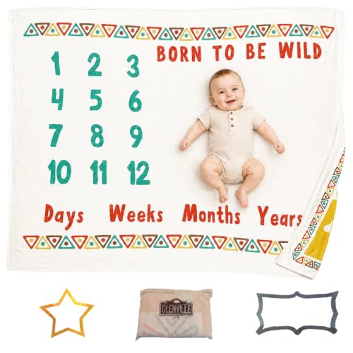 Reversible 100% Organic Cotton Baby Milestone Blanket for Boys & Girls, Ultra Soft 40 x 60 Baby Blanket with Safari Design for Photos, Tummy Time & Crib, Hypoallergenic with Carry Case & Age Markers