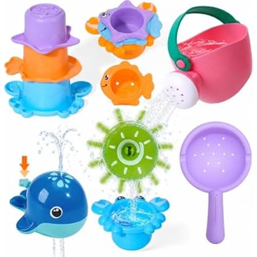 Mold Free Bath Toys | Easy Clean & Fun Baby Bath Toys for Kids Ages 1-3 | Watering Can Bath Cups Water Wheel Whale Bath Toy for Babies 12+ Months | Bathtub Pool Water Toys for 1+ Year Old Girl Gifts