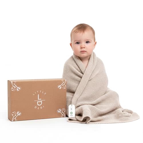 Organic Cotton Baby Blanket 30x40 in, Stone – GOTS Certified, Soft Knit Swaddle with Gift Box, Breathable Nursery Blanket for Crib & Stroller, Machine Washable