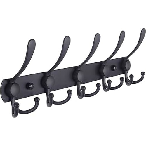 Dseap Coat Rack Wall Mounted - 5 Tri Hooks, Heavy Duty, Stainless Steel, Metal Coat Hook Rail for Coat Hat Towel Purse Robes Mudroom Bathroom Entryway,Black