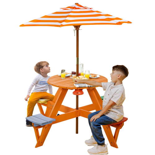 Kids Picnic Table & Stool Set, Outdoor Wood Round Table & 4 Bench, Toddler Picnic Table Set w/Height Adjustable Umbrella, Children Activity Table w/Cup Holders for Patio, Garden, Backyard