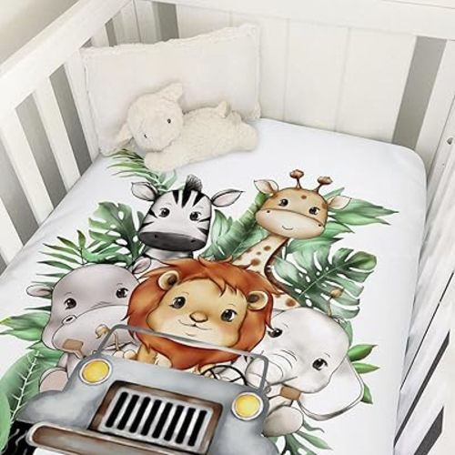 Baby Jungle Safari Animals Truck Tropical Leaves Baby Crib Sheets 52''x28'' Fitted Crib Mattress Cover for Boy Girl Nursery Toddler Bed Sheet Fits Standard Crib and Toddler Mattresses