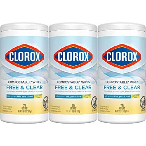 Clorox Free & Clear Compostable Cleaning Wipes, Light Lemon Scent, 75 Count, Pack of 3 (Pack May Vary)