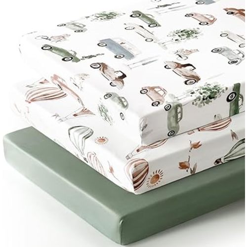 GRSSDER Pack n Play Sheets Fitted 3 Pack, Stretchy Ultra Soft Jersey Knit Pack and Play Sheets, Universal Fitted Portable/Mini Crib Mattresses Snug and Safe, Neutral Pattern of Cars Print
