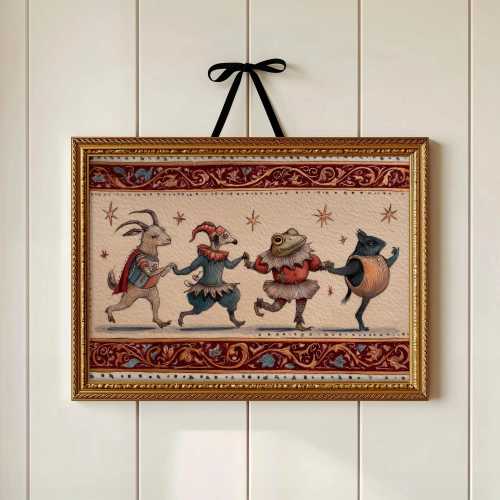 Medieval Animal Parade Nursery Art | Whimsical Folklore Print | Storybook Animal Dance Wall Art for Children’s Room