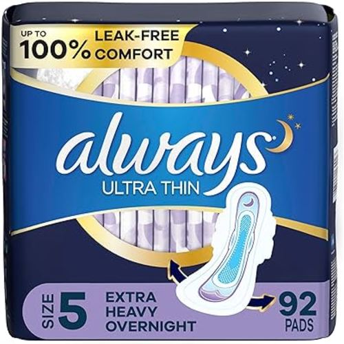 Always Ultra Thin Feminine Pads for Women, Size 5, Extra Heavy, Overnight Absorbency with Wings, 46 Count x 2 (92 Count Total)