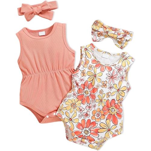 Doresbebe Baby Girl Clothes Newborn Bodysuit Infant Romper Summer Outfits Cute Sleeveless 2-pack 4Pcs Set