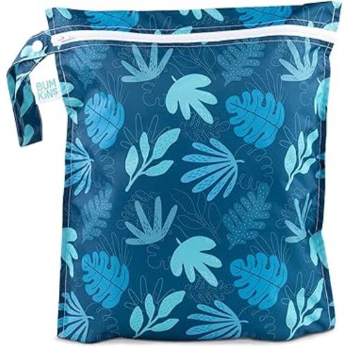 Bumkins Waterproof Wet Bag, Washable, Reusable for Travel, Beach, Pool, Stroller, Diapers, Dirty Gym Clothes, Wet Swimsuits, Toiletries, 12x14 – Blue Tropic