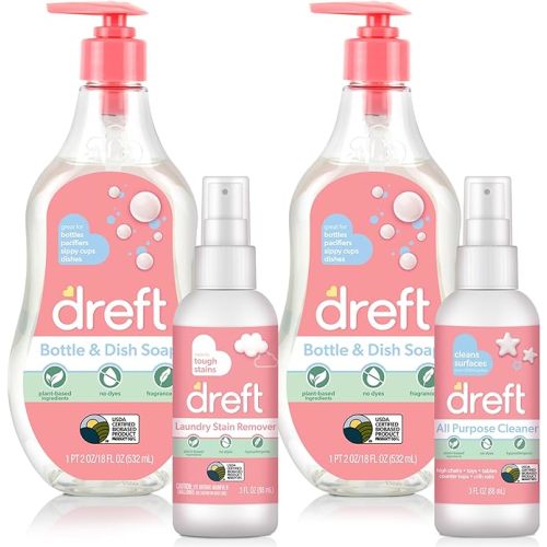 DREFT Bottle and Dish Soap Baby Gift Set - Bonus Travel Size Dreft All Purpose Cleaner & Stain Remover - Made to Clean Baby Essentials - Plant Based Ingredients, Fragrance Free Formula - 4 Piece Set
