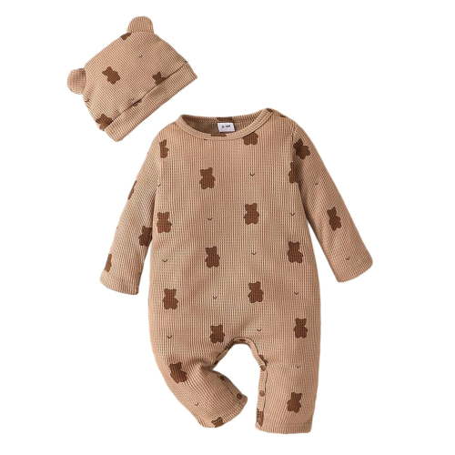 Bodysuit Baby Girl Unisex Clothing Boys Girls Long Sleeve Cartoon Bear Prints Romper Bodysuits Jumpsuit Outwear with Hat Outfits(Brown,3-6 Months)