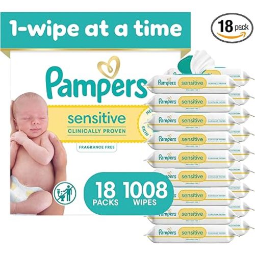 Pampers Sensitive Baby Wipes, Clinically Proven, Fragrance Free, Unscented, Water Based, Hypoallergenic, Multi-Use, Hand Wipes 1008 Wipes Total (18X Flip-Top Packs) [Packaging May Vary]