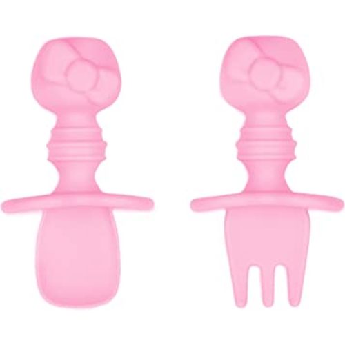 Bumkins Baby Utensils Set, Chewtensils Silicone Spoons for Dipping, Self-Feeding, Baby Led Weaning, Trainer Learning, First Stage Eating, Soft Practice Fork and Spoon, 6 Months, Hello Kitty Pink