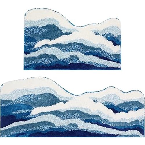 Tinideya 2 Pcs Wave Rug Blue Ocean Rug 3D Aesthetic Plush Beach Mat Non Slip Cute Backing Trendy Bath Mat Coastal Washable Soft Romantic Carpet for Shower Bedroom Bathroom Kitchen Decor