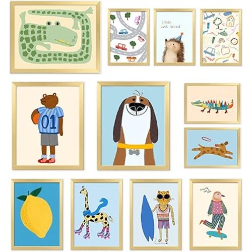 Aroutde 12Pcs Cartoon Animal Canvas Wall Art for Kids Room Colorful Cute Animal Prints Nursery Room Wall Decor Funny Crocodile Bear Dog Giraffe Pictures for Baby Toddler Room Bedroom Playroom Decoration (Unframed)