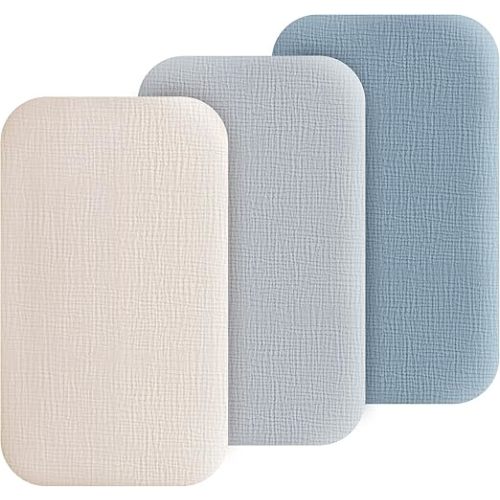 3 Pack Muslin Bassinet Fitted Sheets for Bedside Sleepers | Soft Cotton Baby Sheet Set Compatible with Baby Delight for Boys and Girls, Dream On Me, AMKE and Other Rectangle Mattresses