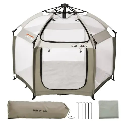 LILLEPRINS EasyPop Outdoor Playpen with Canopy for Babies, 1 Second Baby Pop up Tent, Beach Tent, Travel Playpen for Baby with Travel Bag, UPF50+ Cover, Mosquito Net (Beige)