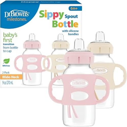 Dr. Brown's Wide-Neck Sippy Spout Bottle with Handles, Pink & Ecru, 2-Pack
