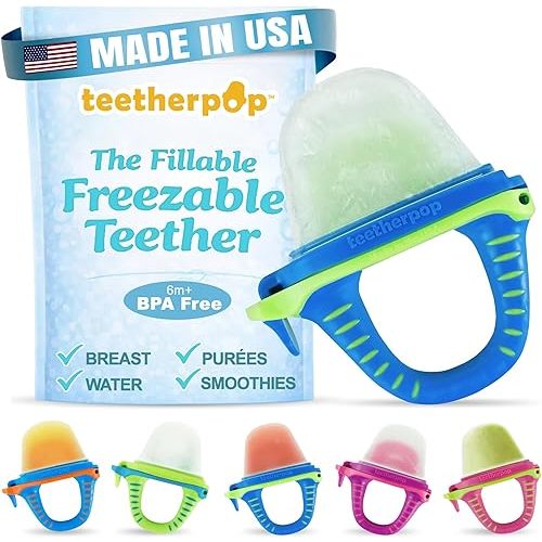 Teetherpop Fillable Freezable Teethers for Babies - Breastmilk Teether with Spill-Proof Sippy Slits – Teething Popsicle for Baby, Liquids & Purées, Cooling Teething Relief Feeder Pacifier - BlueLime