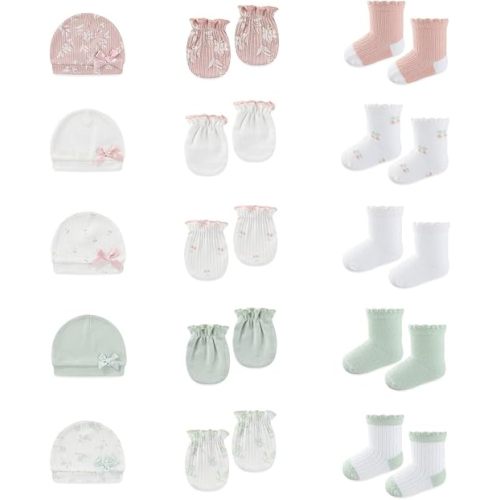 15 Pack Infant Hats Gloves Socks Unisex Baby Boy Girl Accessories Set Cotton New Born Caps Mittens