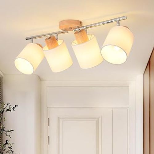 4-Light Track Lighting Kit Wooden Ceiling Spotlight Fabric Shades Rotatable