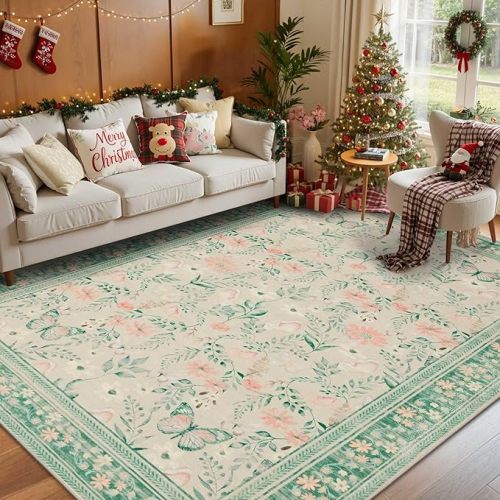Floral Rug for Living Room Bedroom, 6x9 Washable Rug, Green Vintage Boho Area Rug, Large Non Slip Low Pile Wool Carpet for Indoor Dining Room,Girls Kids Room and Nursery Room(Sage Green 6x9ft)