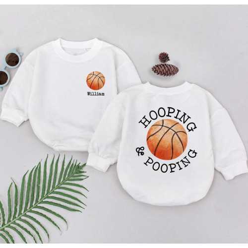 Funny Basketball Baby Romper, Hooping and Pooping Baby Bodysuit, Custom Name Baby Shower, Gift for Sports Fan, Birthday Baby Gift
