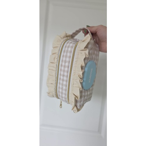 Tan Gingham Diaper + Wipe Pouch W/ Tan Ruffle White/Gold Zipper