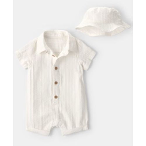 Baby Boys' Button-Front Romper and Hat, 2-Piece Set