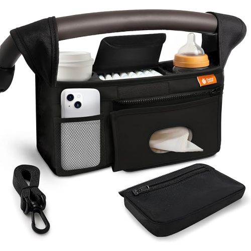 Universal Stroller Organizer Bag - Stroller Caddy Organizer with XL Insulated Cup Holder (x2), Phone Holder, Wipes Dispenser, Zip-Off Wrist Bag & Clip-On Shoulder Strap, Baby Travel Gear