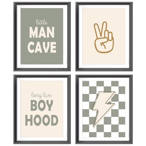 Little Man Cave Retro Preppy Checkered Lightning Peace Sign Long Live Boyhood Poster Prints for Boy Teen Room Dorm Decor,Preppy Decorations Prints Wall Art Unframed 4pcs 8x10inches,Teen Boys Gifts