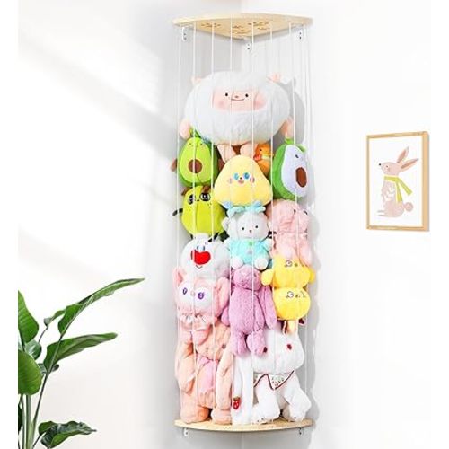 Corner Stuffed Animal Storage Net - Heigh Adjustable Wood Stuffed Animal Organizer - Large Wall Plush Holder Teddy Bear Storage for Bedroom Nursery Decor